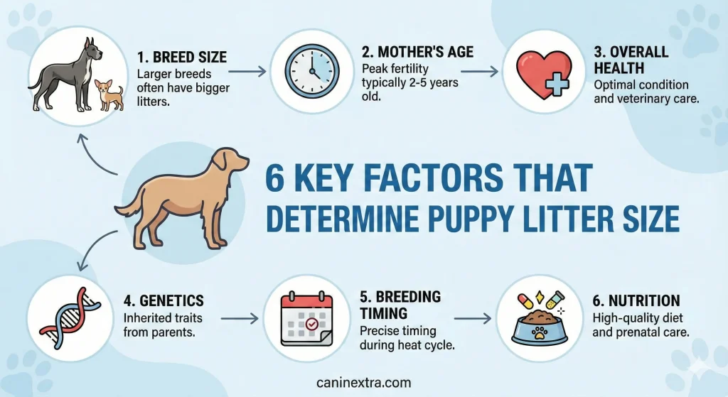 6 Key Factors That Determine Puppy Litter Size with icons for breed, age, health, genetics, breeding timing, and nutrition