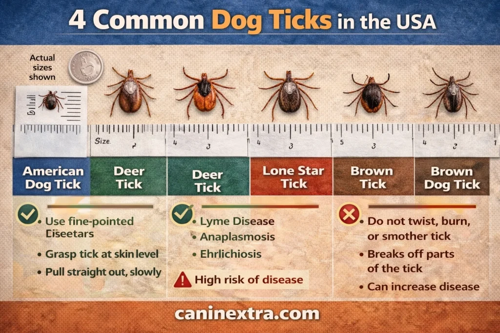4 Common Dog Ticks in the USA with actual size references and disease risk indicators