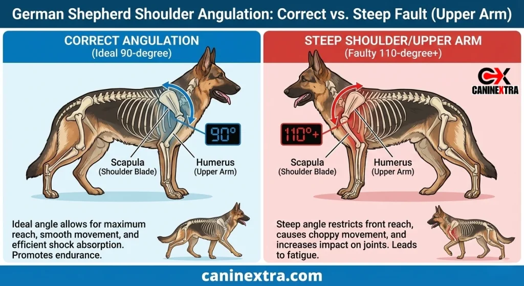Comparison infographic Correct vs. Steep ShoulderUpper Arm Angulation side-by-side skeletal overlay showing 90-degree ideal vs. 110-degree faulty angulation