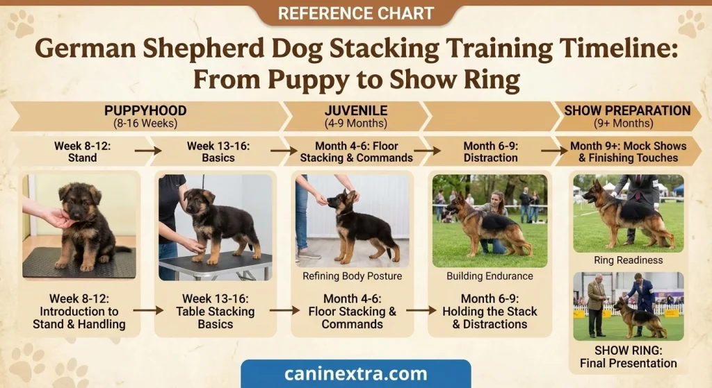 German Shepherd dog stacking Training Timeline From Puppy to Show Ring showing week-by-week progression with photos of puppies at different training stages