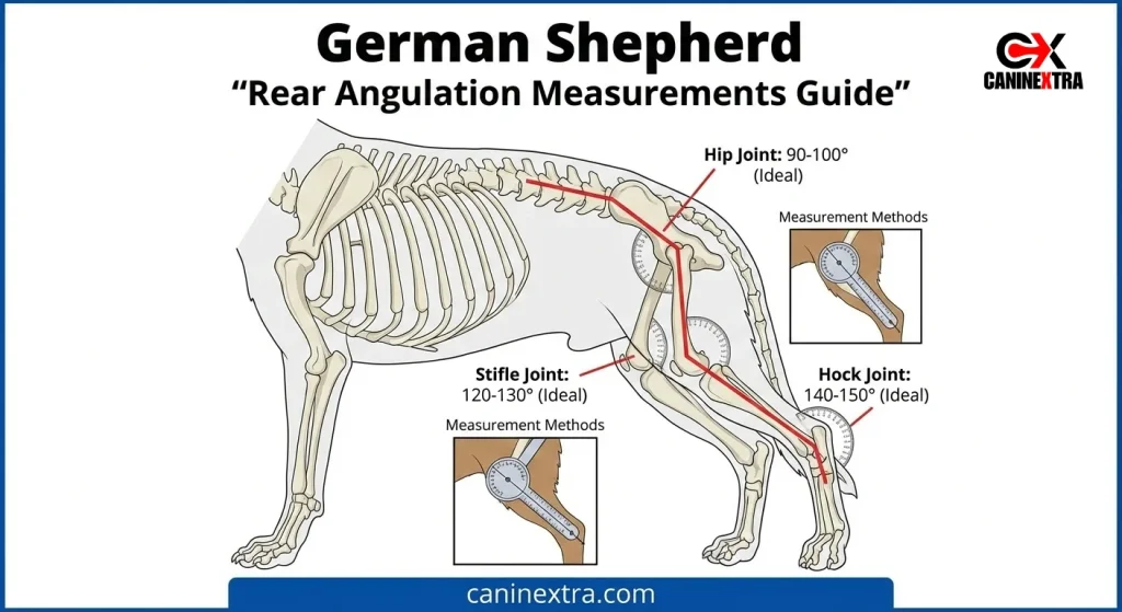 Rear Angulation Measurements Guide showing proper angles at hip, stifle, and hock joints with measurement methods 