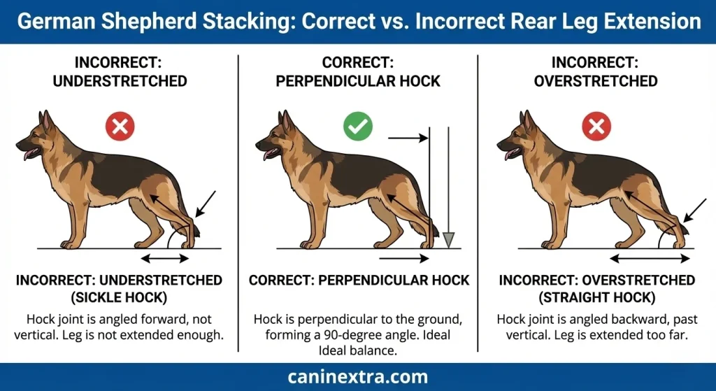 The German Shepherd dog stacking Correct vs. Incorrect Rear Leg Extension showing proper perpendicular hock position versus overstretched and understretched positions