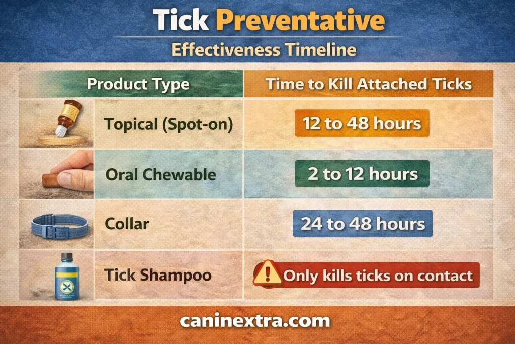 Tick Preventative Effectiveness Timeline showing how long each product type takes to kill attached ticks