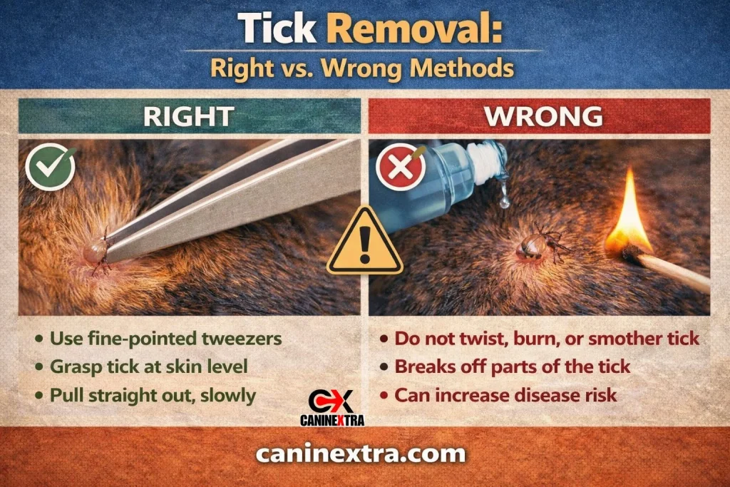 Tick Removal Right vs. Wrong Methods showing side-by-side comparison with visual warnings