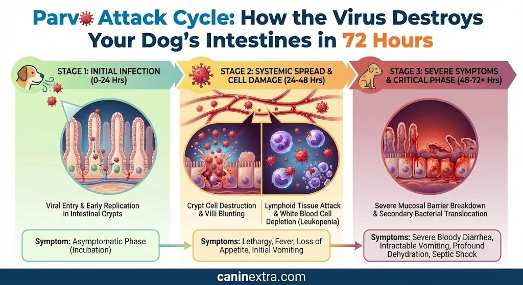 Parvo Attack Cycle. How the Virus Destroys Your Dog's Intestines in 72 Hours