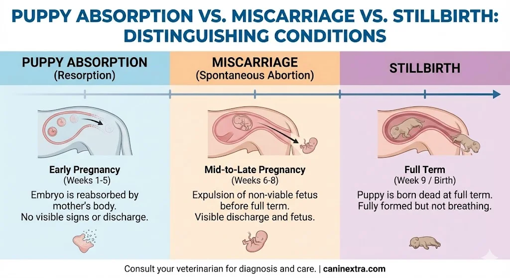 Puppy Absorption vs. Miscarriage vs. Stillbirth" - visual guide to distinguishing these three conditions