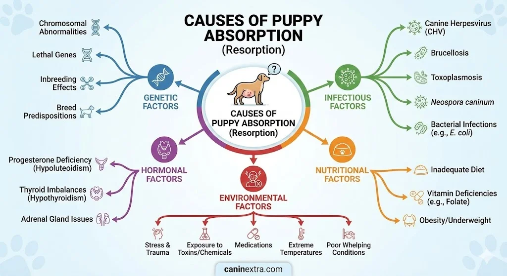 Visual diagram showing the primary causes of puppy absorption organized by category, genetic, infectious, hormonal, nutritional, and environmental factors