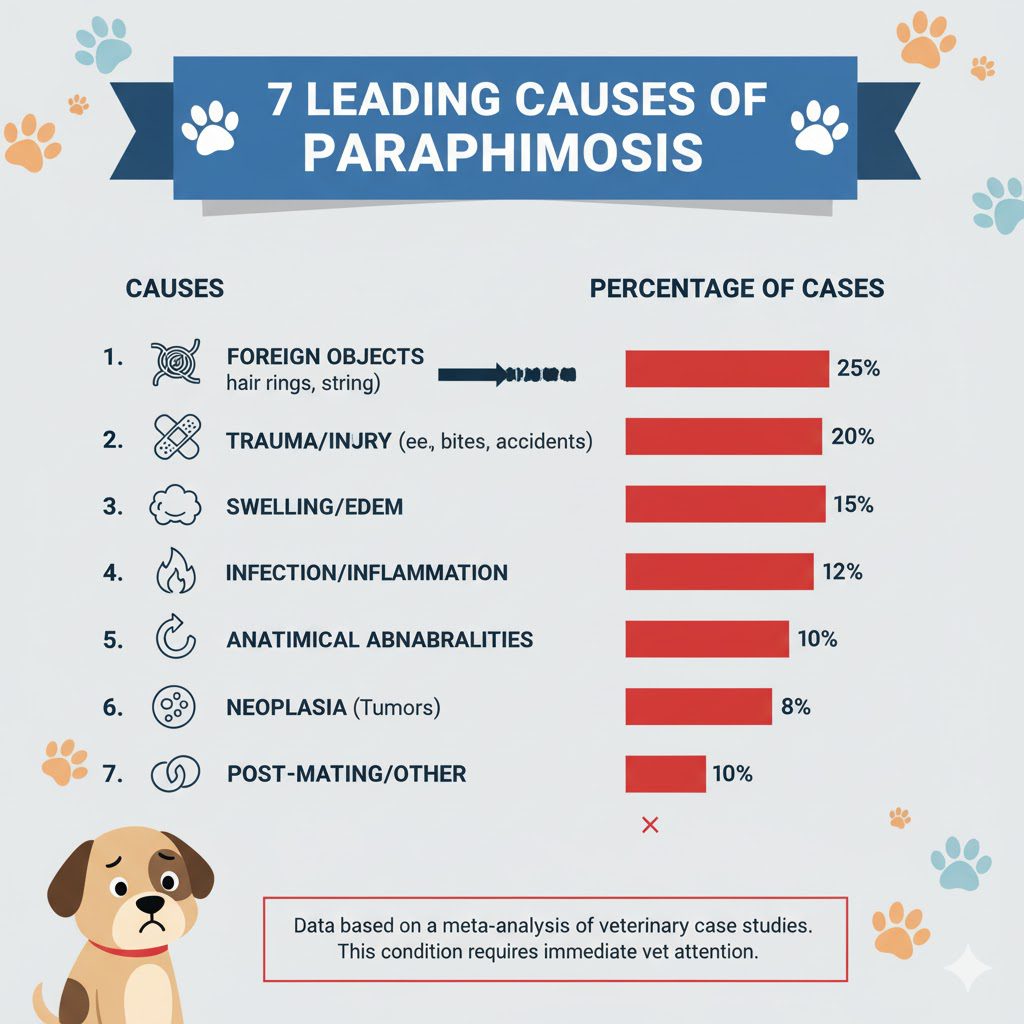 Comparison chart showing "7 Leading Causes of Paraphimosis" with percentage breakdown from veterinary case studies