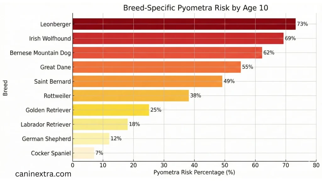 Bar chart: "Breed-Specific Pyometra Risk by Age 10" showing percentages for high-risk breeds (Leonberger 73%, Irish Wolfhound 69%, etc.