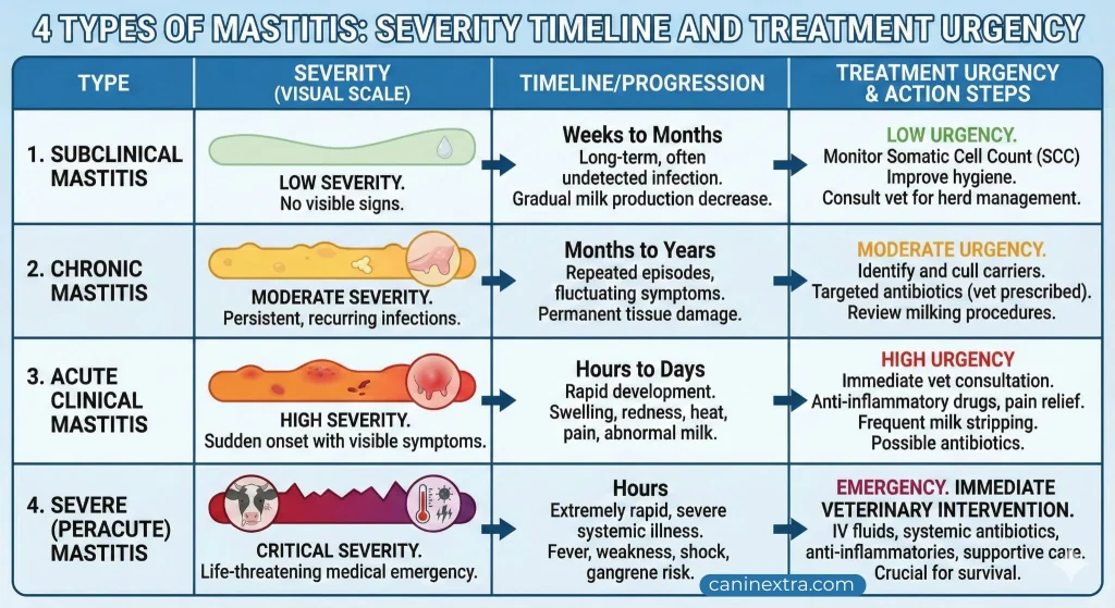 4 Types of Mastitis Severity Timeline and Treatment Urgency with visual severity scale and action steps