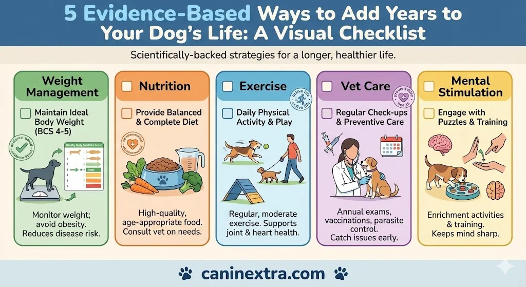 nfographic displaying five proven strategies to extend dog lifespan with icons for each recommendation and expected impact