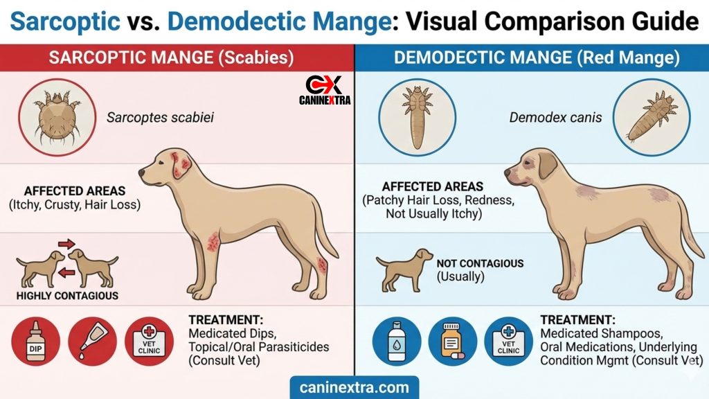 Sarcoptic vs. Demodectic Mange Visual Comparison Guide showing side-by-side illustrations of both mite types under microscope, affected body areas, contagion patterns, and treatment differences with icons