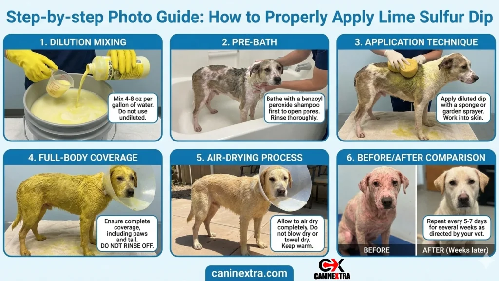 Step-by-step Photo Guide: "How to Properly Apply Lime Sulfur Dip" showing 6 numbered images: (1) dilution mixing, (2) pre-bath, (3) application technique, (4) full-body coverage, (5) air-drying process, (6) before/after comparison