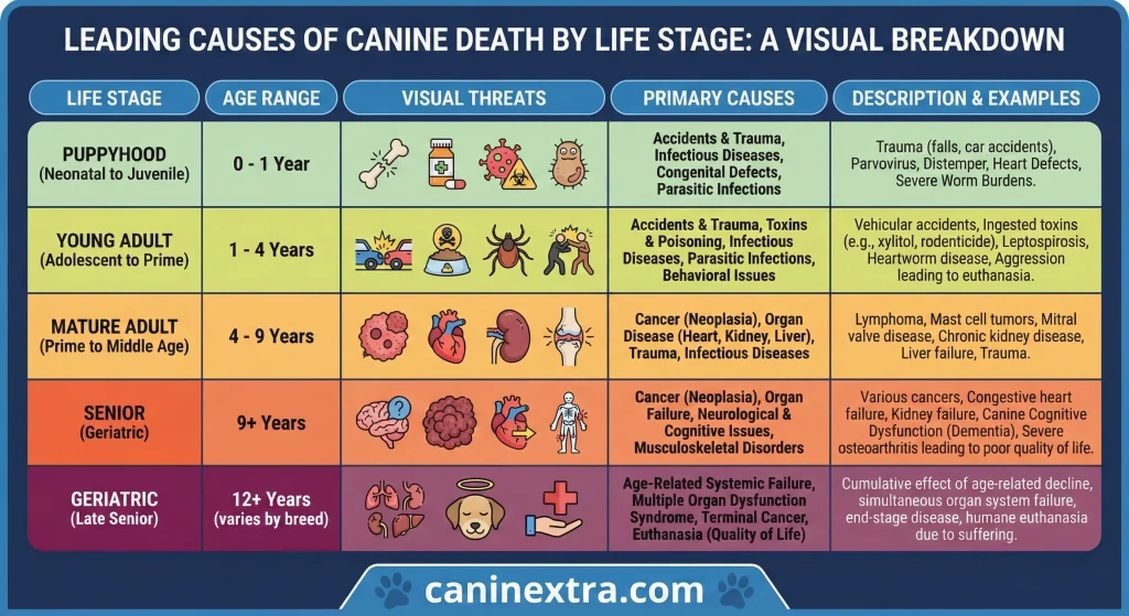 Table showing leading causes of death in dogs by age category including infectious disease, cancer, heart disease, and organ failure