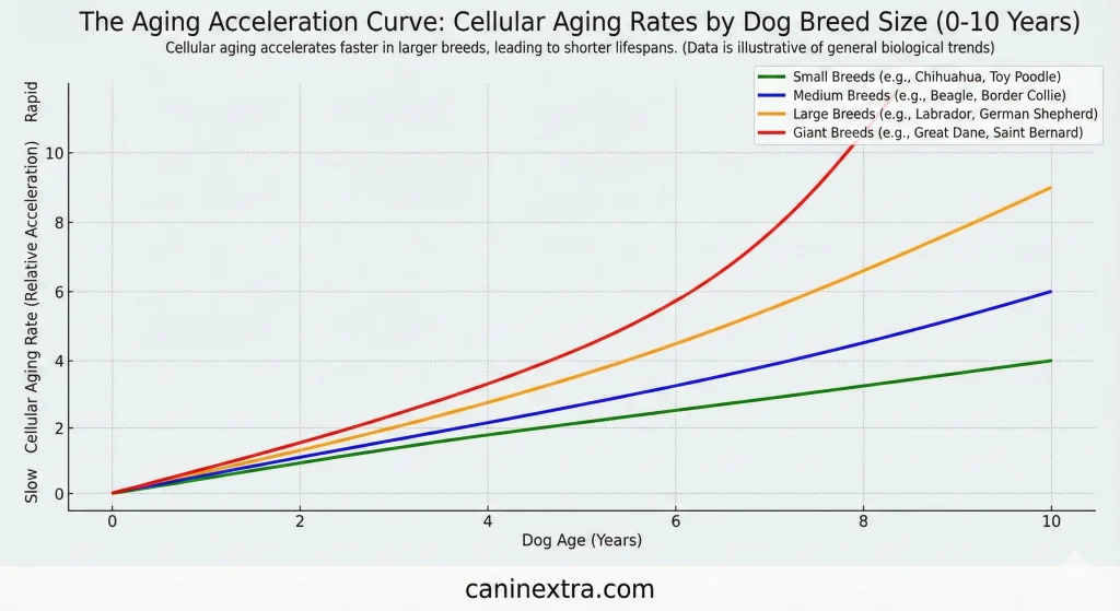 Line graph demonstrating accelerated aging in large and giant dog breeds compared to smaller breeds with DNA damage markers